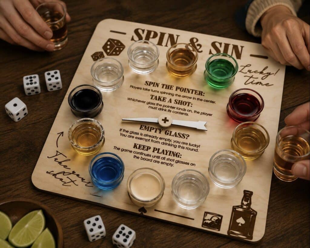 Spin and Sin wooden drinking game — a fun dinner party game for adults