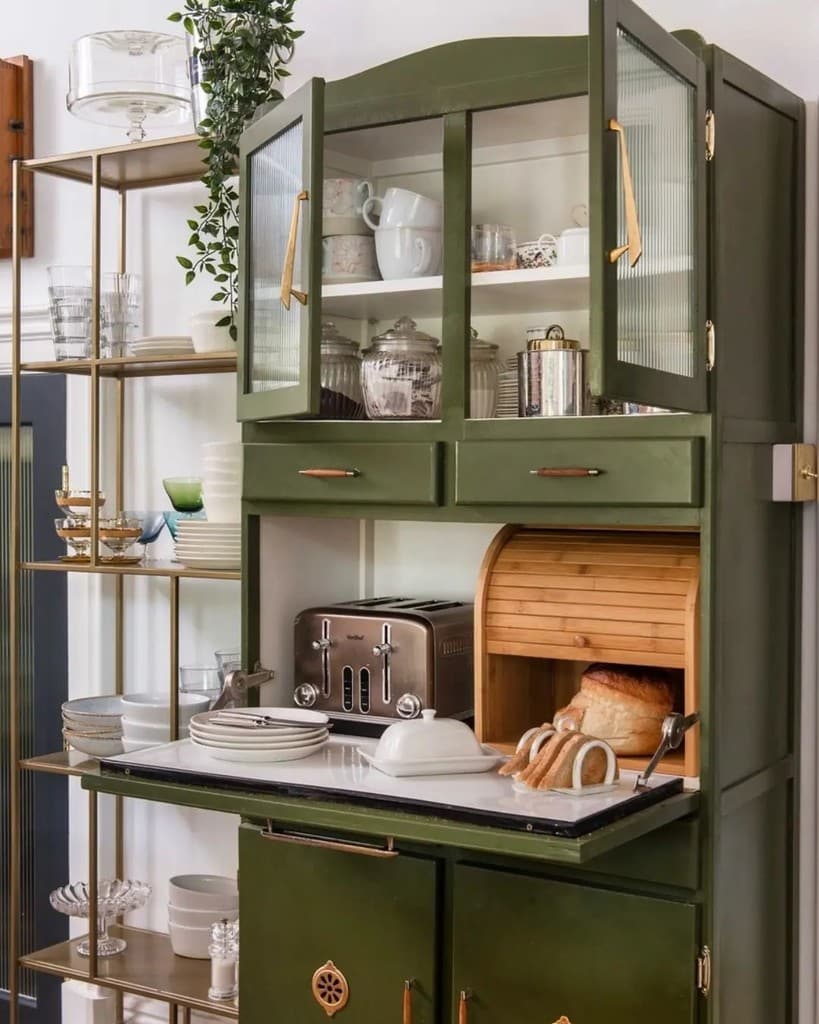 Vintage kitchen cabinet painted in Bancha green with reeded glass doors, a bread bin and brass open shelving