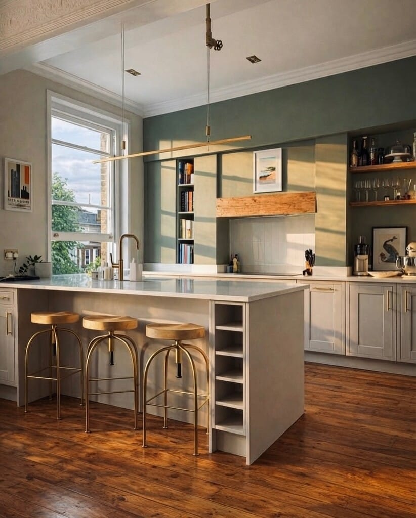 Victorian kitchen with a tall sash window, walls in Lichen, Shaker units in Skimming Stone, a peninsula with brass bar stools and original wooden floorboards
