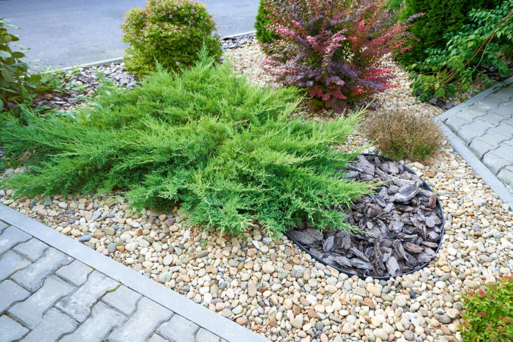 Low maintenance front garden idea with curved gravel bed, evergreen shrubs, and stone feature beside paving.