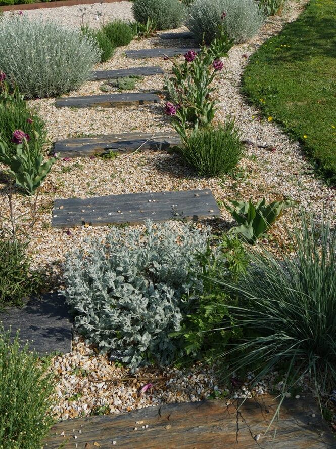 Low maintenance garden with gravel path, timber sleepers and drought-tolerant planting