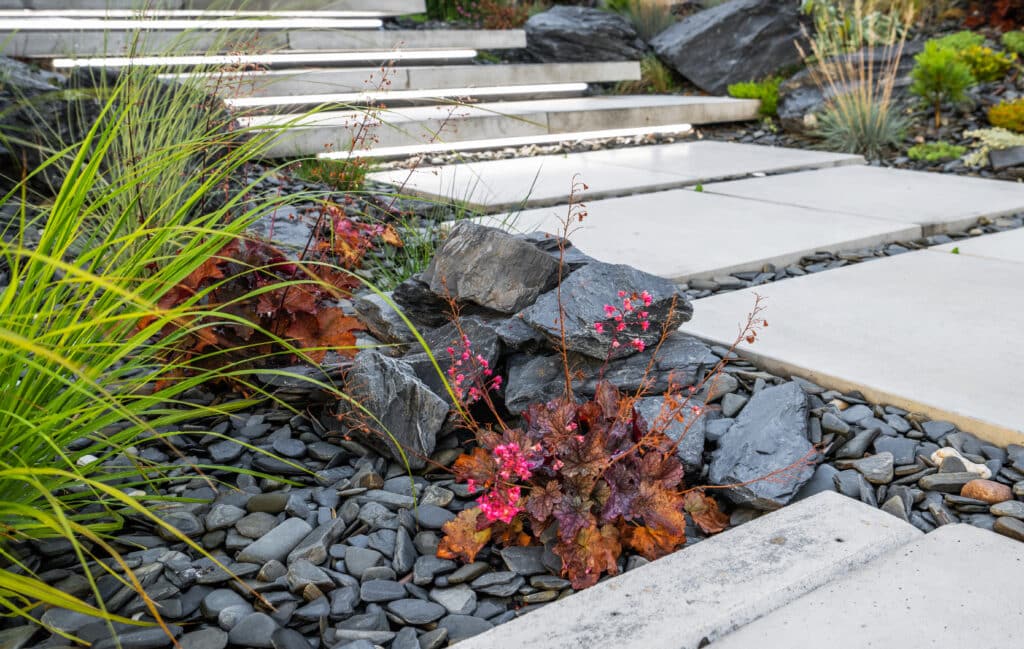 Low maintenance modern garden path with grey gravel, large concrete paving slabs, and ornamental grasses.