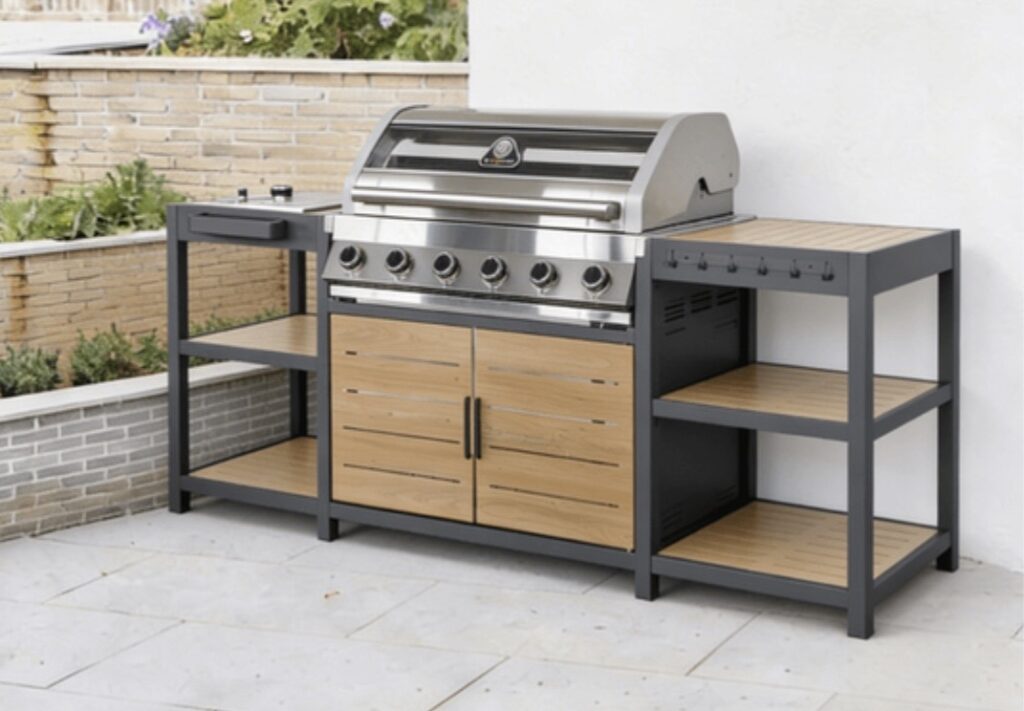 Savannah modular outdoor kitchen in oak-effect cladding with 6-burner grill and open shelving either side
