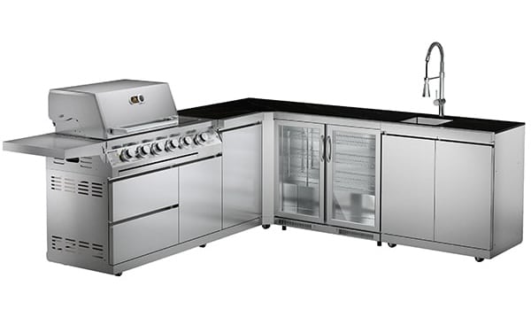 L-shaped stainless steel outdoor kitchen with 6-burner barbecue, double fridge and fully welded sink