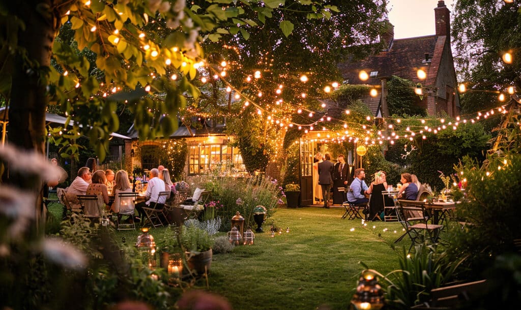 outdoor garden party lights around seating area for evening entertaining
