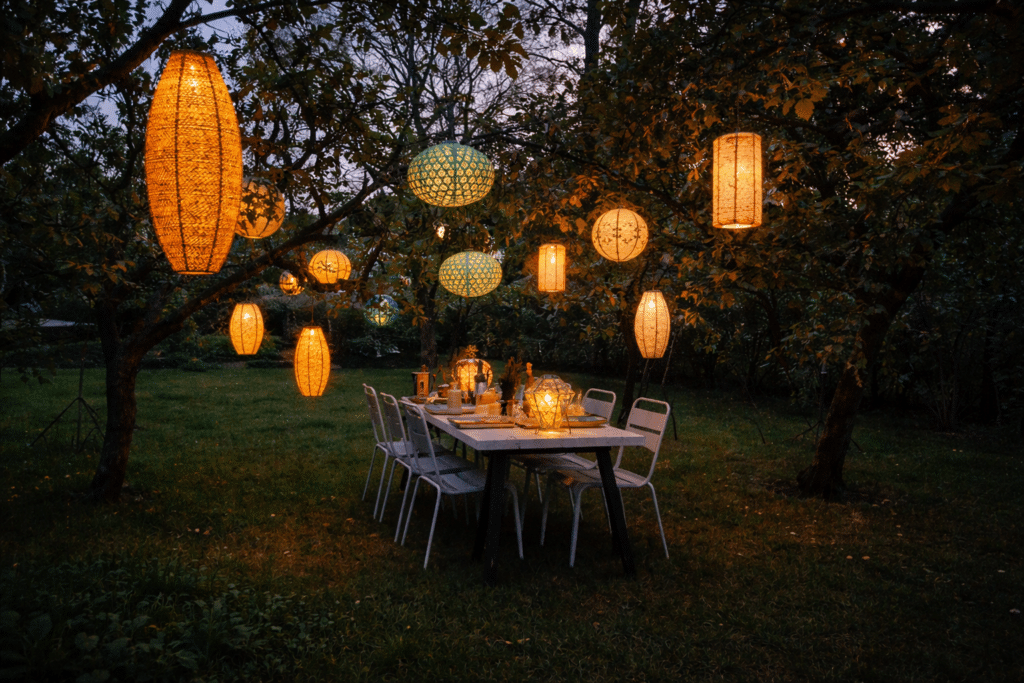outdoor party lights with hanging lanterns over garden dining table at dusk