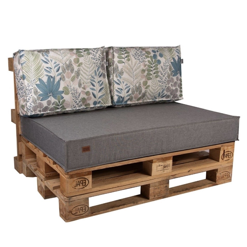 wooden pallet garden furniture with botanical cushions for a boho garden vibe