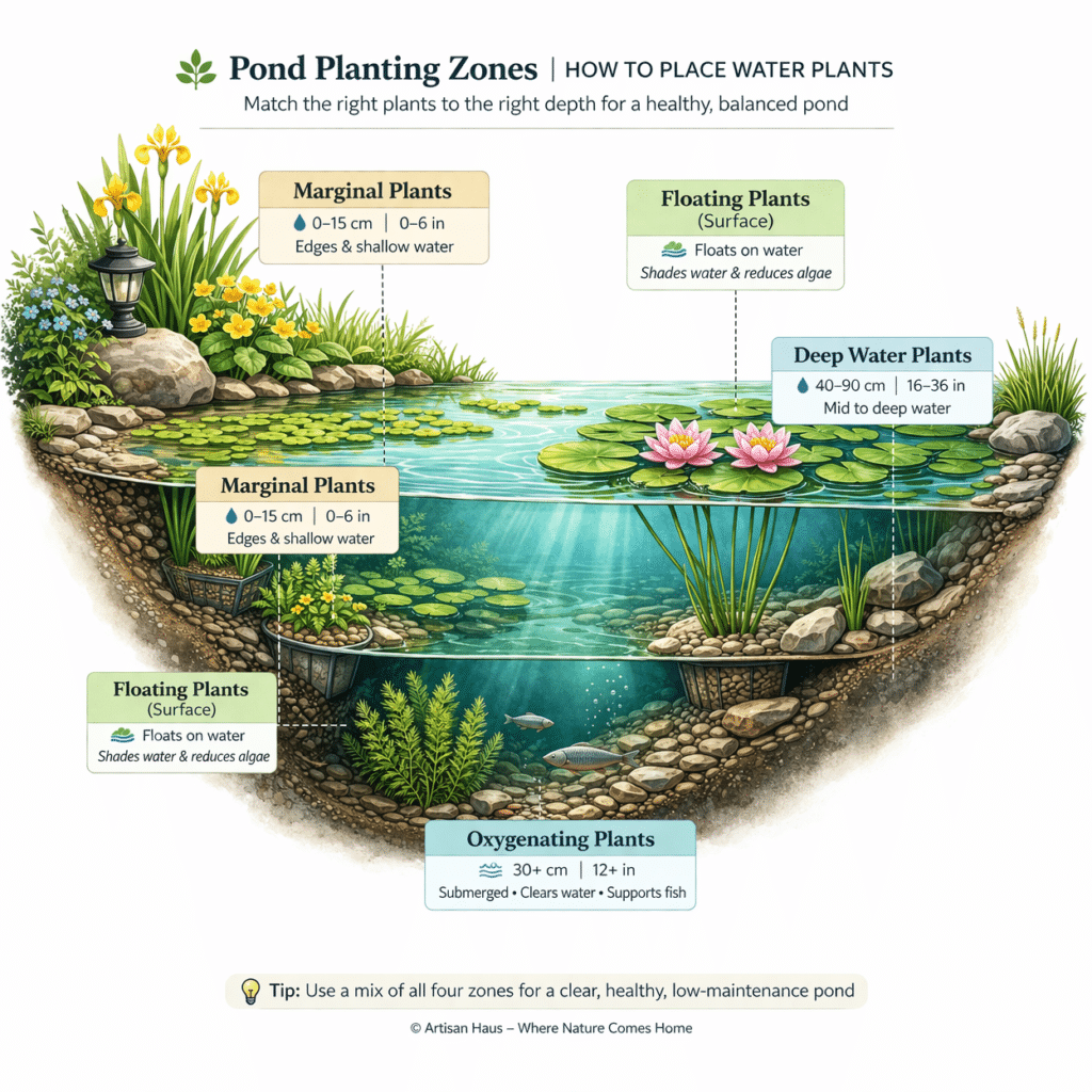 illustrated pond planting zones diagram showing marginal plants, floating plants, deep water plants and oxygenating plants at different pond depths