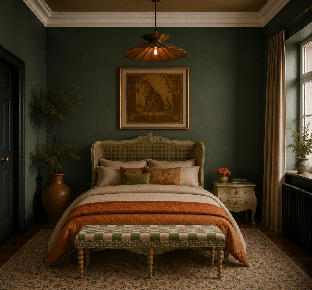 Vintage-style leopard painting in a gilt frame above a cane headboard in a dark green bedroom