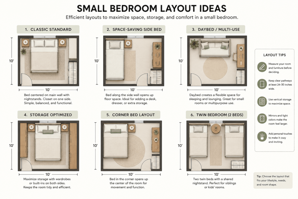 Six small bedroom layout diagrams showing bed placement options in a 10x10 room.