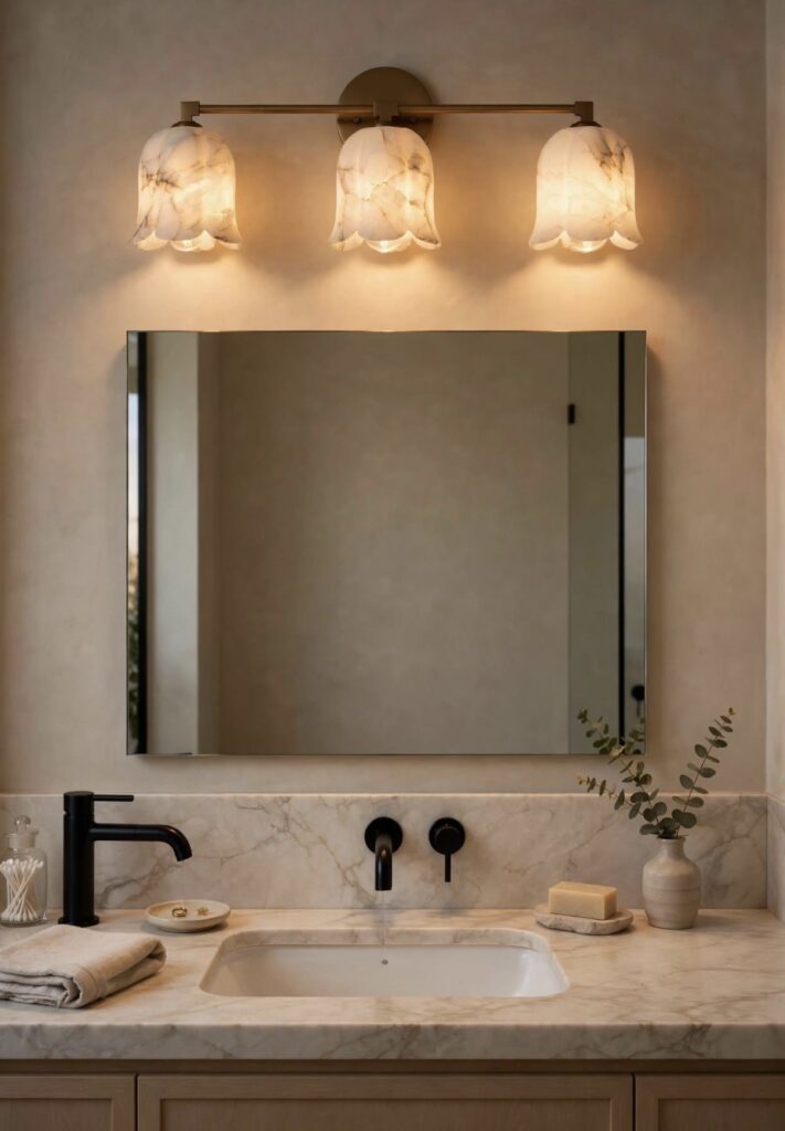 Three alabaster bell-shaped vanity lights on a brushed brass bar above a bathroom mirror