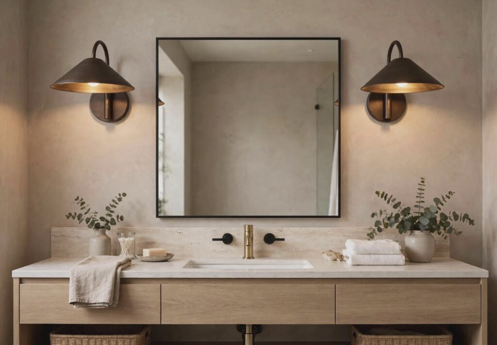 Artisan brass cone wall sconce with dark shade above a travertine vanity with arched black-framed mirror and brass tapware