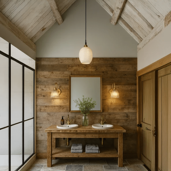 Matt black bathroom pendant light with ribbed glass shade above a wooden vanity flanked by brass swan arm wall lights