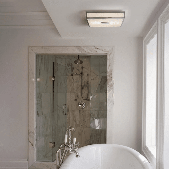 Astro Mashiko Square ceiling light in a marble bathroom with walk-in shower — bathroom lighting ideas