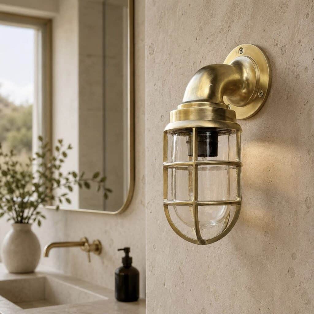Raw brass swan neck caged wall light beside a bathroom mirror