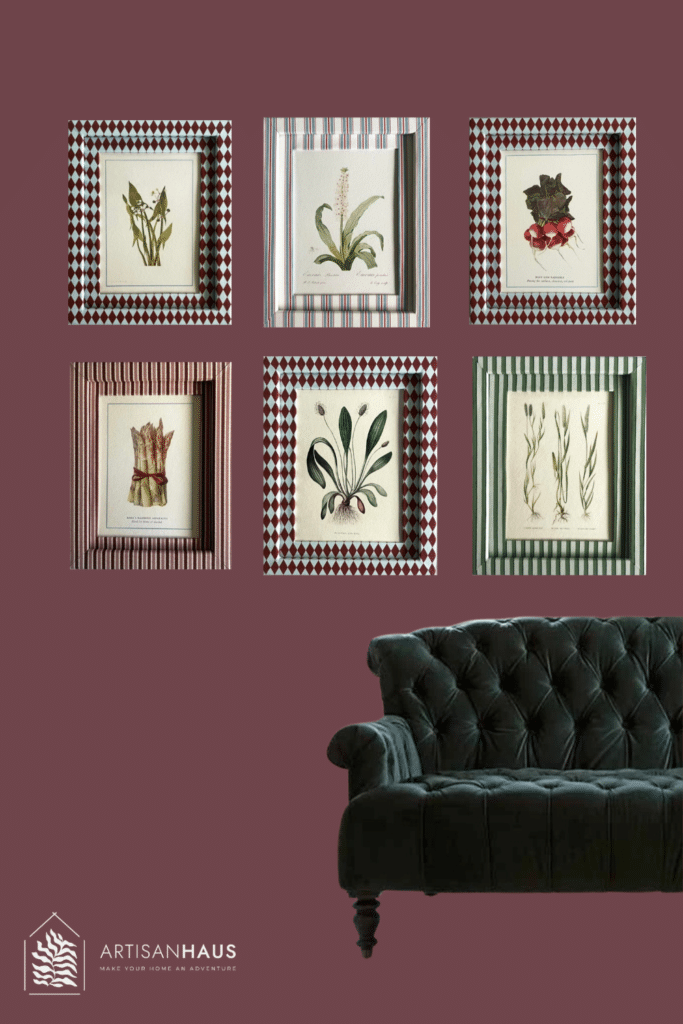 burgundy living room with green velvet Chesterfield sofa and botanical print gallery wall in harlequin and striped frames