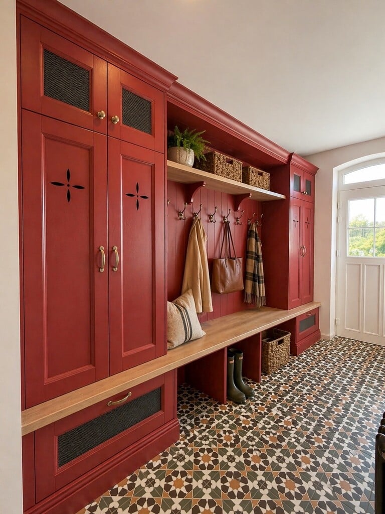 burgundy boot room with Farrow and Ball Eating Room Red bespoke cabinetry, brass hardware and encaustic floor tiles
