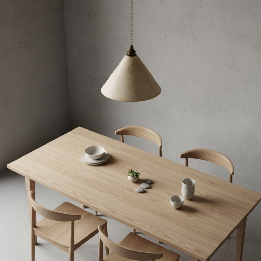 Japandi dining room lighting ideas with sandstone conical pendant over a pale wood table in a Japandi kitchen