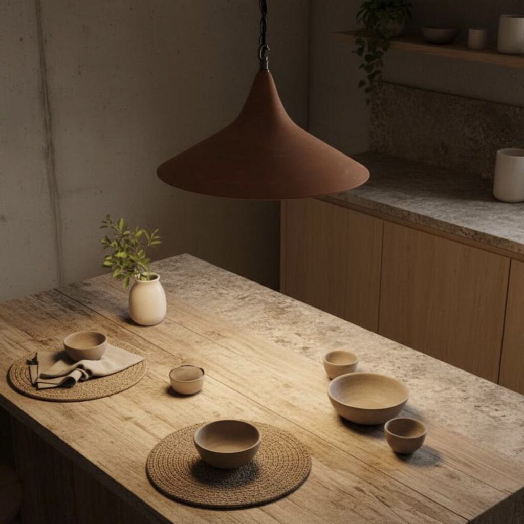 Terracotta pendant light over wooden dining table for warm natural dining room lighting ideas