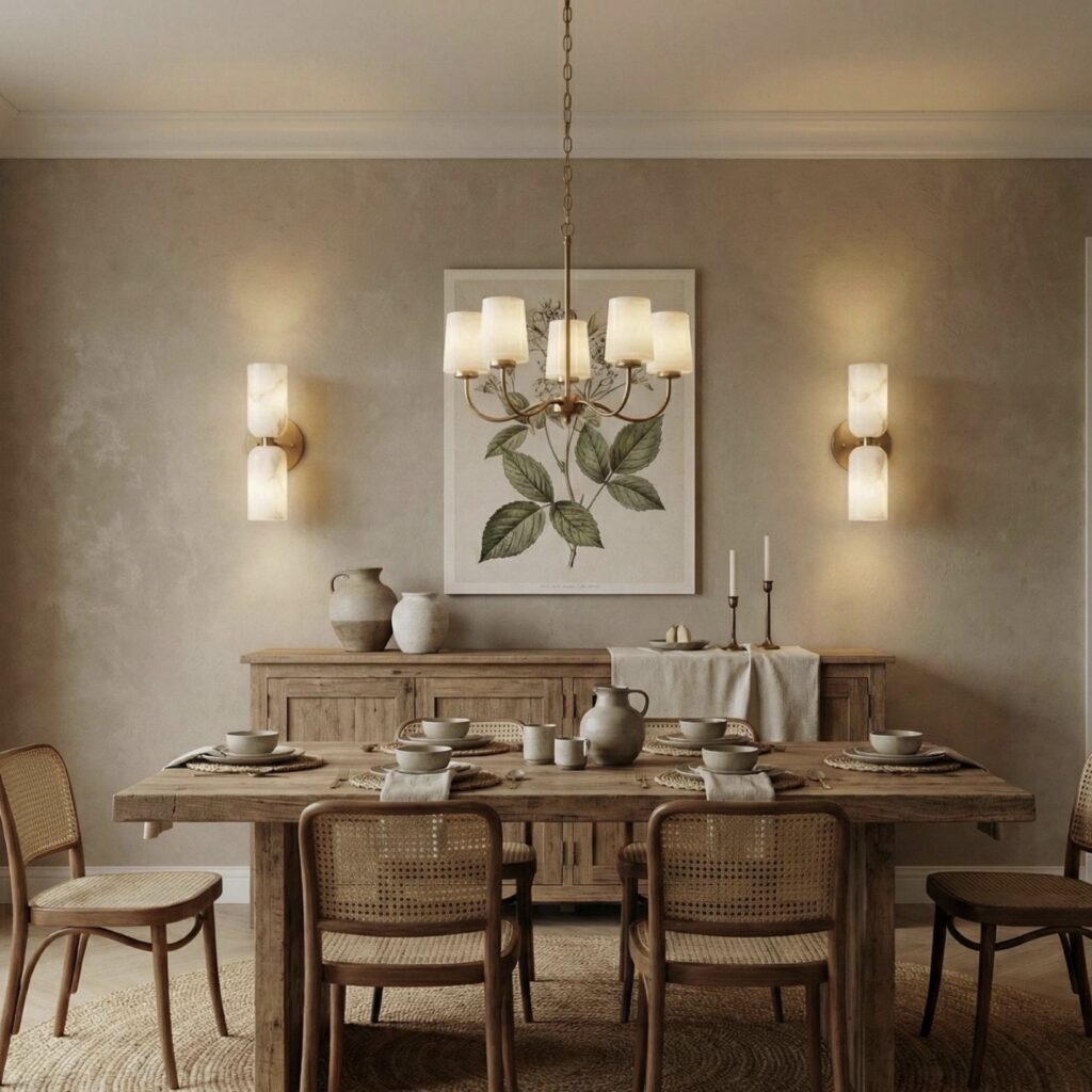 dining room lighting ideas with chandelier and wall sconces showing layered lighting in a warm neutral dining room