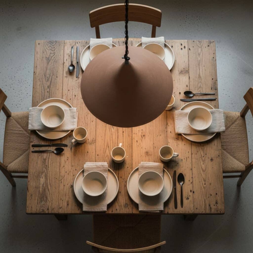 Dining room lighting ideas with a terracotta pendant light positioned centrally above a wooden dining table