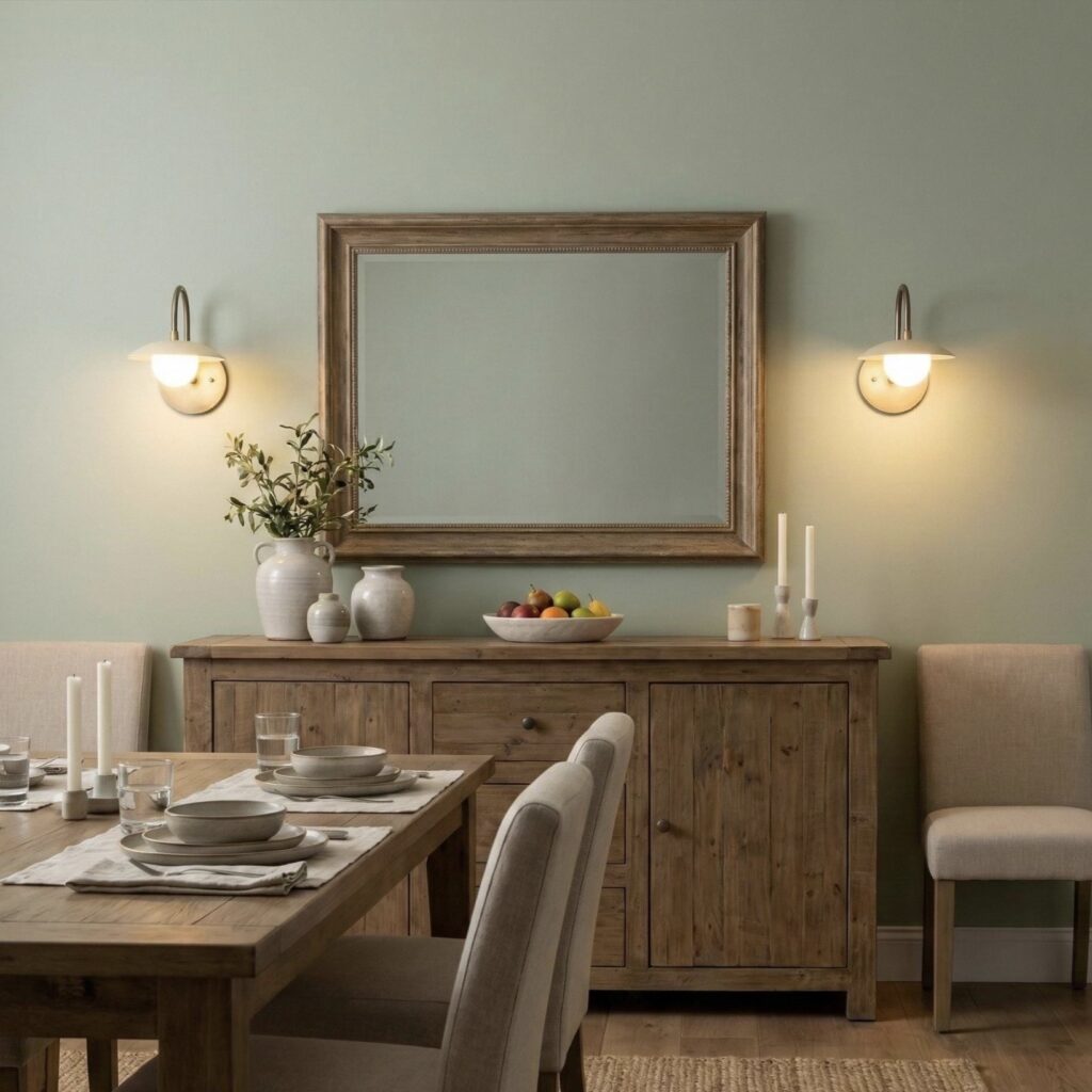 Dining room lighting ideas using brass wall sconces to create warm ambient lighting in a rustic dining room