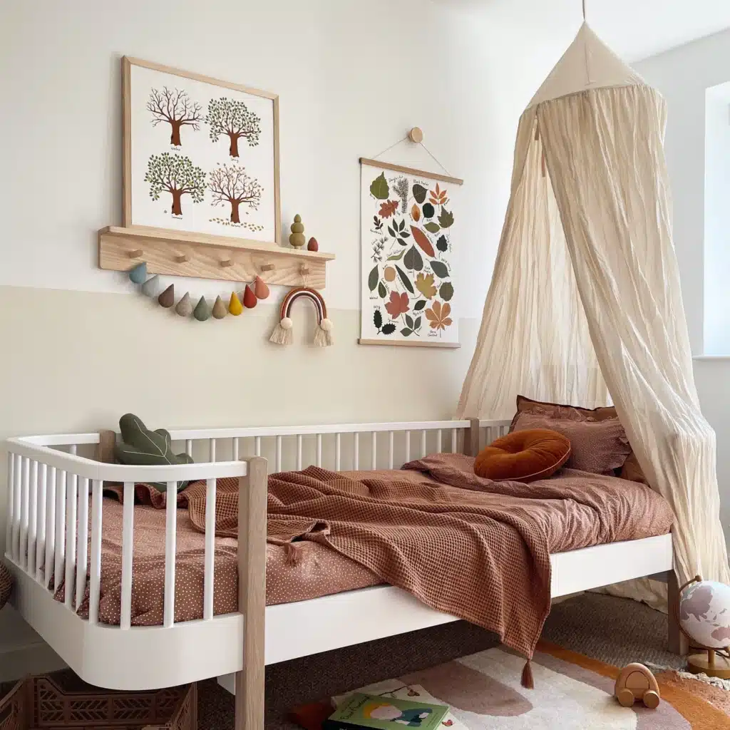 Girls Bedroom Wall Art Ideas Girls bedroom wall art botanical Kid of the Village Leaf Chart art print displayed alongside seasonal trees print above a child's bed with rust bedding and canopy