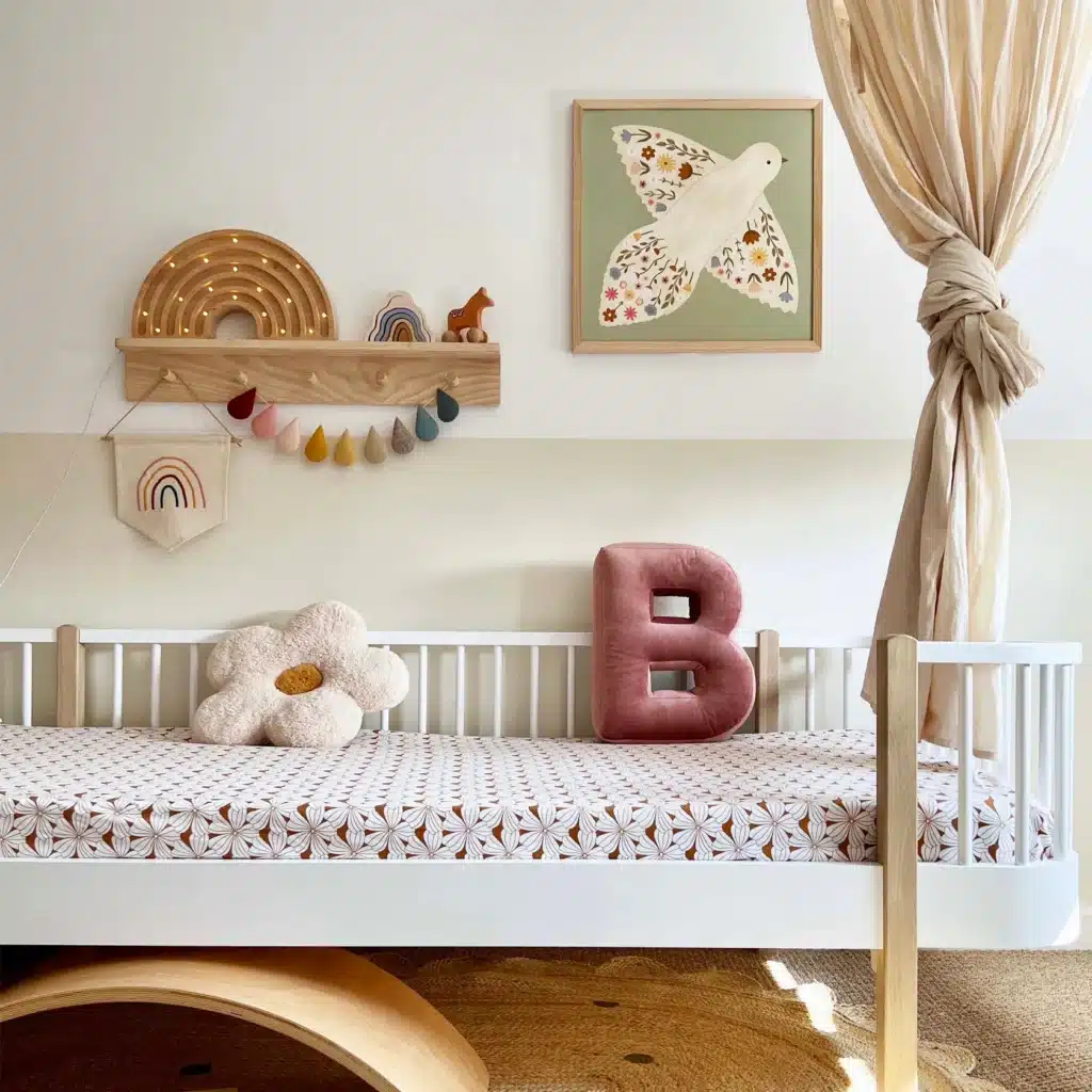 Girls Bedroom Wall Art Ideas Girls bedroom wall art floral Kid of the Village Floral Dove art print in sage displayed above a child's bed with natural wood shelf and canopy
