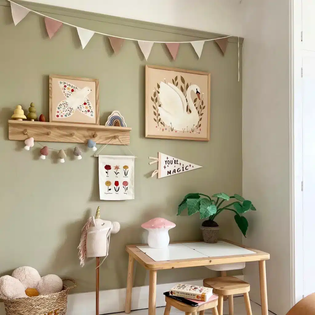 Girls Bedroom Wall Art Ideas Girls bedroom wall art hero Girls bedroom wall art ideas — gallery wall with botanical bird print, swan print, floral fabric hanging and You're Magic pennant flag on sage green wall
