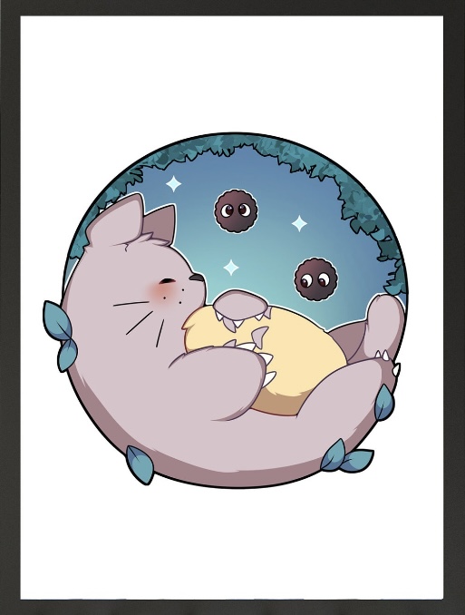 Adorable Sleeping Totoro wall art for girls’ bedroom, featuring a cosy anime design. Perfect girls’ wall art for Studio Ghibli fans.