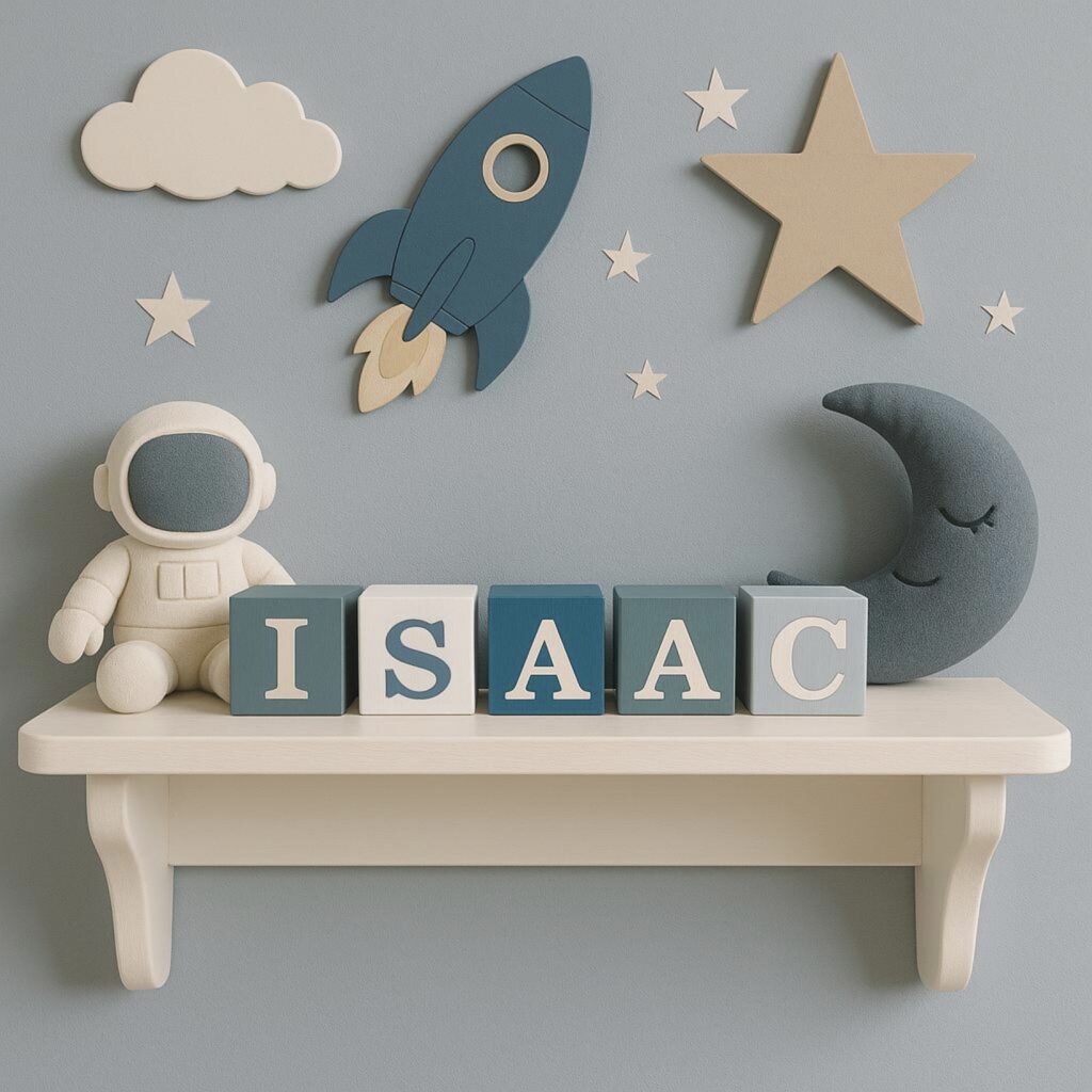 Personalised name blocks with space theme for baby boy nursery decor