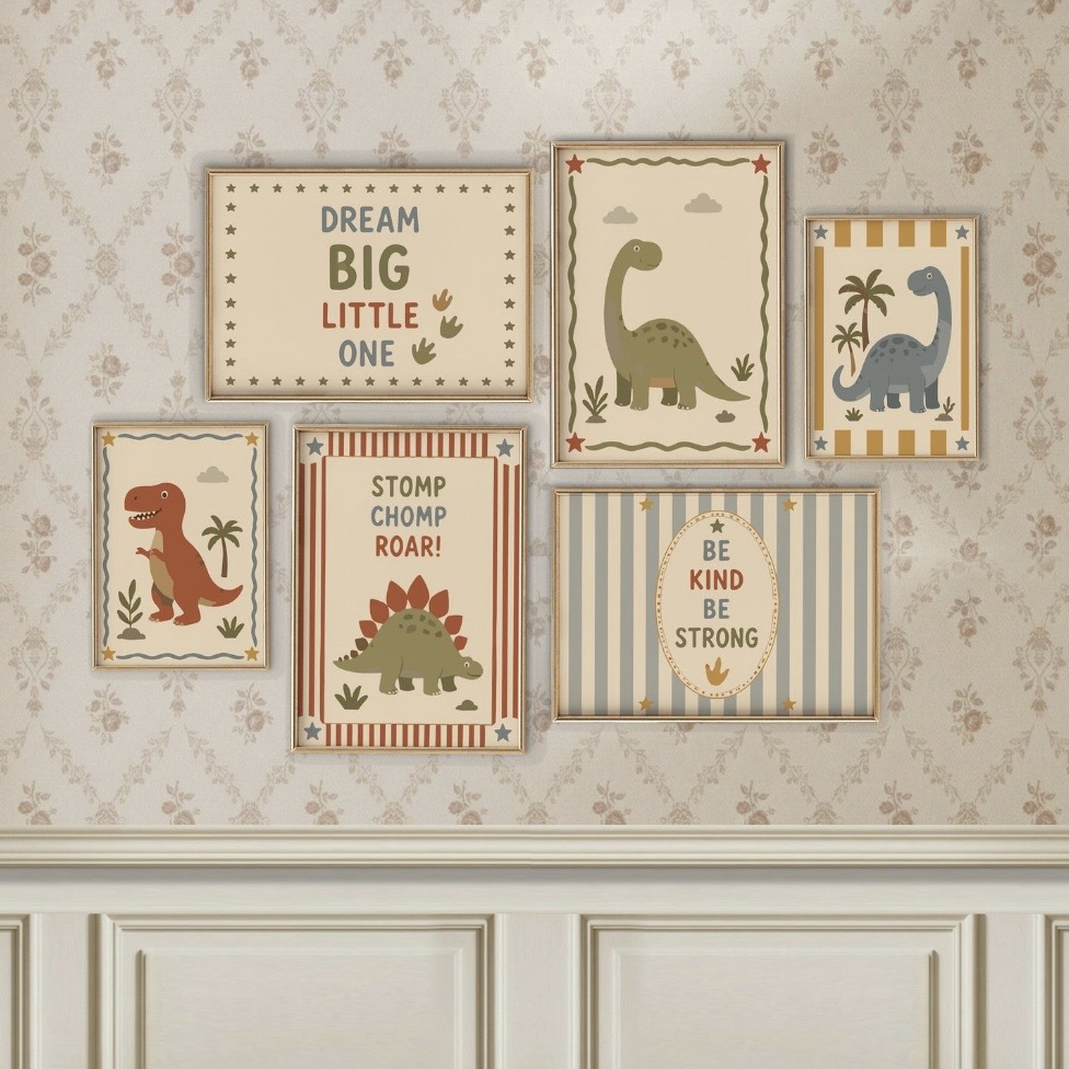 Dinosaur gallery wall art set for boy nursery decor