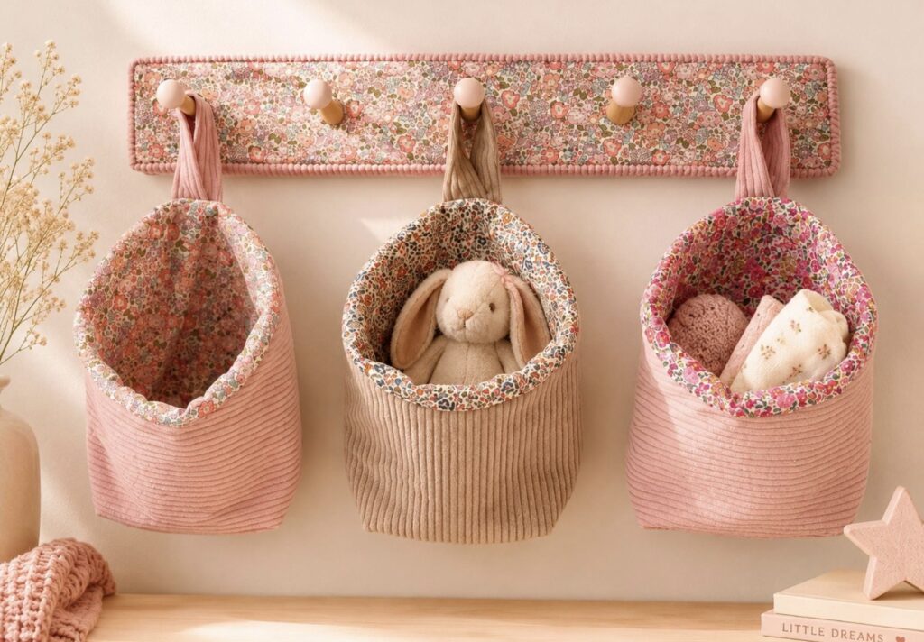 Baby girl nursery decor with Liberty floral peg rack and hanging basket