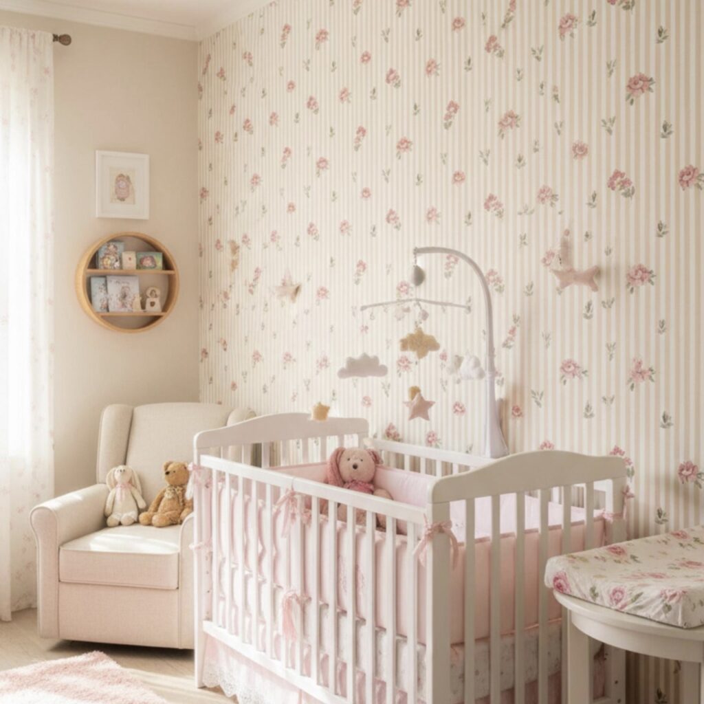 Baby girl nursery decor with pink floral stripe wallpaper and white cot