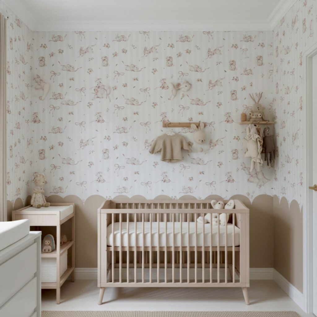 Woodland nursery decor with pink rabbit wallpaper and wooden cot
