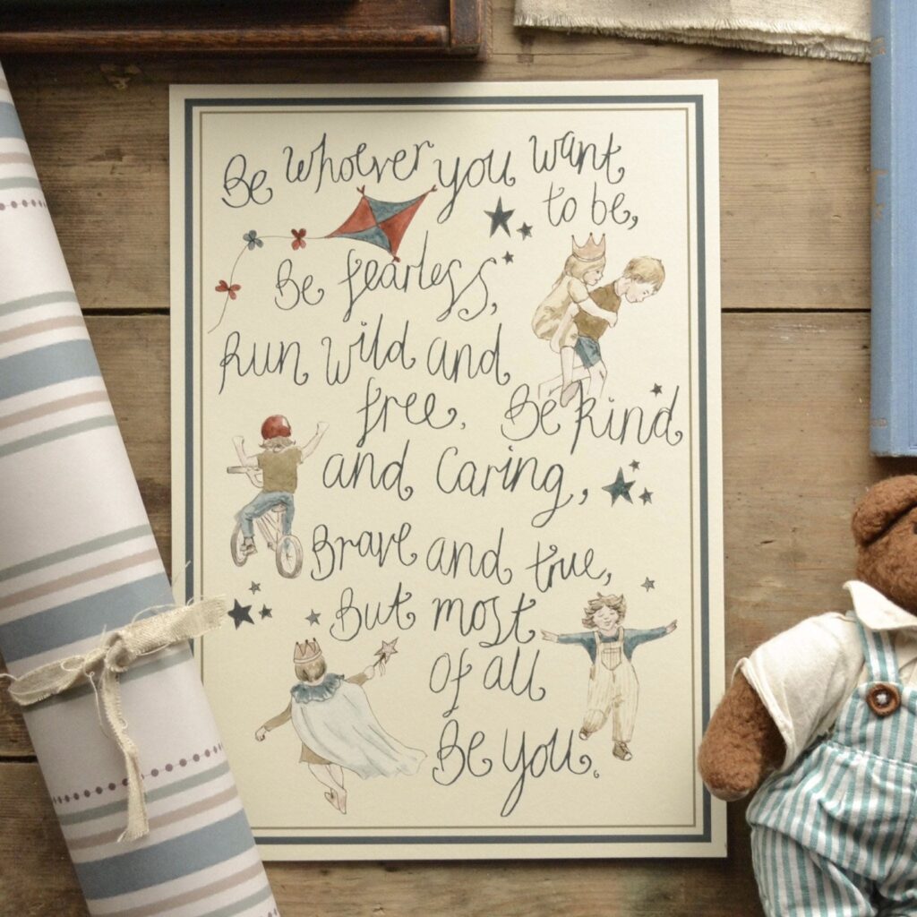 Nursery wall decor with watercolor poem print and striped fabric