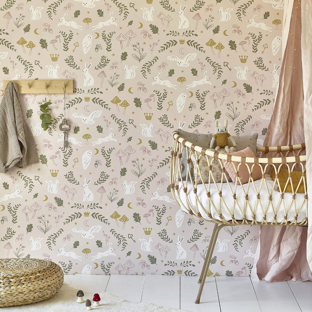 Hibou Design Woodland nursery wallpaper, Dusty Pink/Olive
