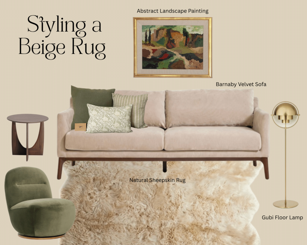 Moodboard showing how to style a beige rug with a beige sofa, green accent chair and cushions, warm lighting and artwork for a cosy neutral living room