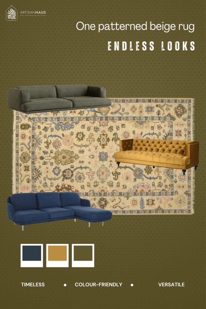 Graphic showing a patterned beige rug living room, styled with navy, mustard and olive sofas to demonstrate versatility