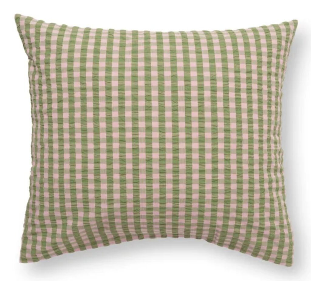 Pink and green gingham cushion for pink and green bedroom decor