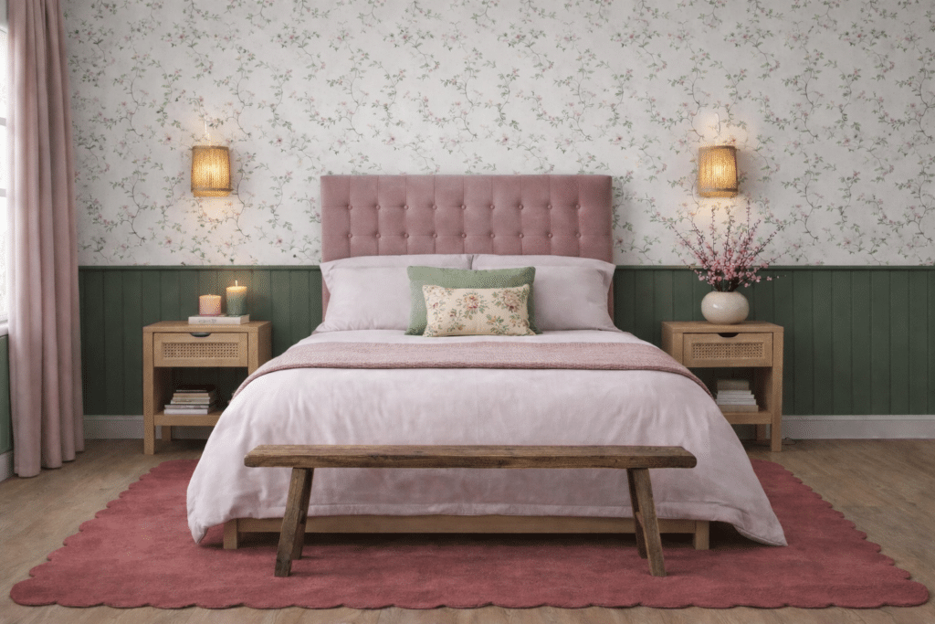 Pink and green bedroom with floral wallpaper, olive green panelling, a blush upholstered headboard, rustic bench and scalloped pink rug