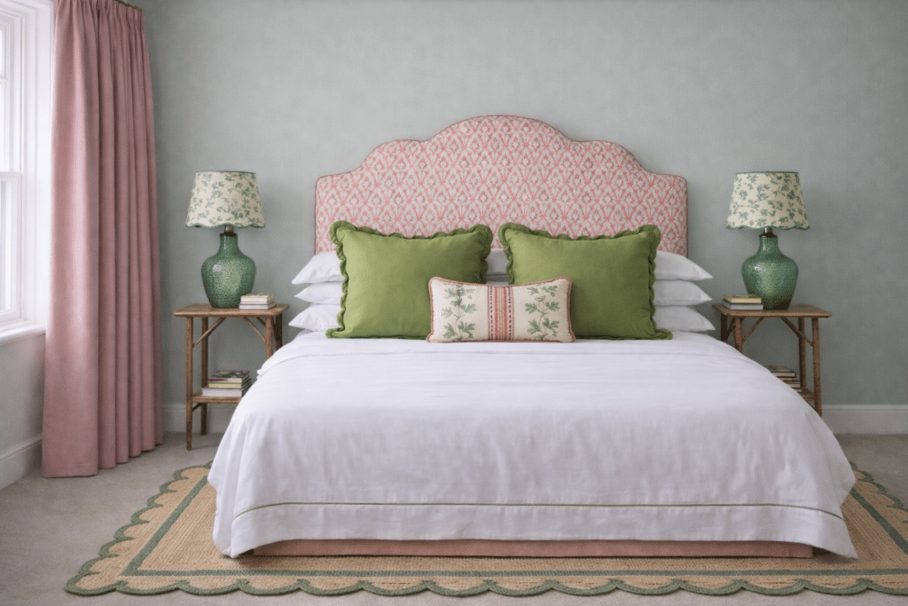 Pink and green bedroom ideas for adults with sage green walls, rose pink ikat headboard, green scalloped lampshades and pink curtains.