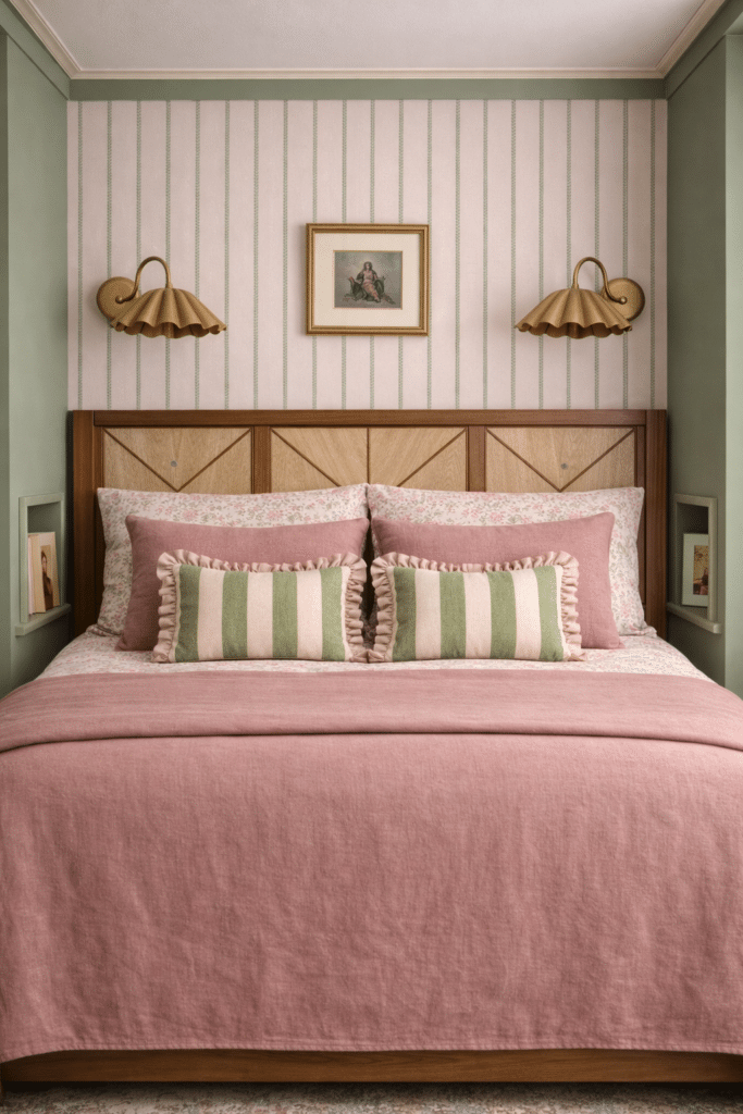 Pink and green bedroom ideas for adults with pink wallpaper and thin sage green stripes, Liberty floral bedding and brass wall lights.