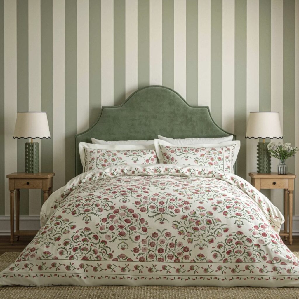 rose and olive pink and green bedroom with striped wallpaper and floral bedding