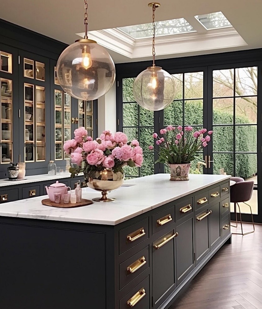 navy kitchen island with brass hardware and marble worktop