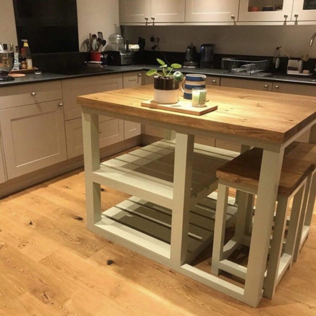 made to measure kitchen island with nested stools and open shelving