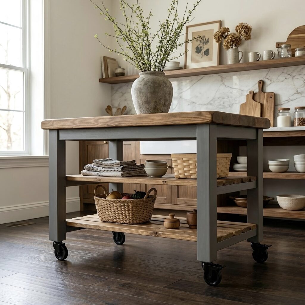 rustic kitchen island on wheels with open shelving