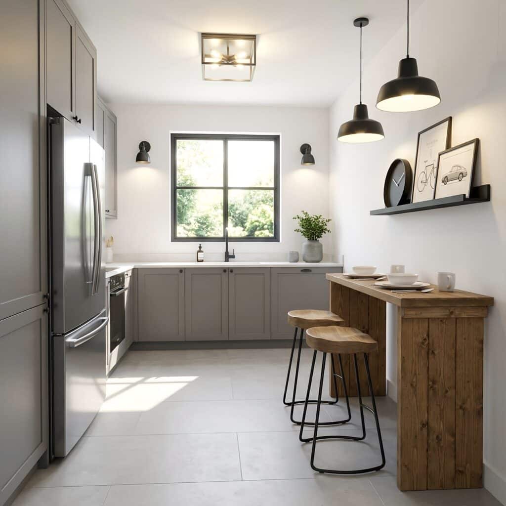 scandi kitchen breakfast bar in small galley kitchen