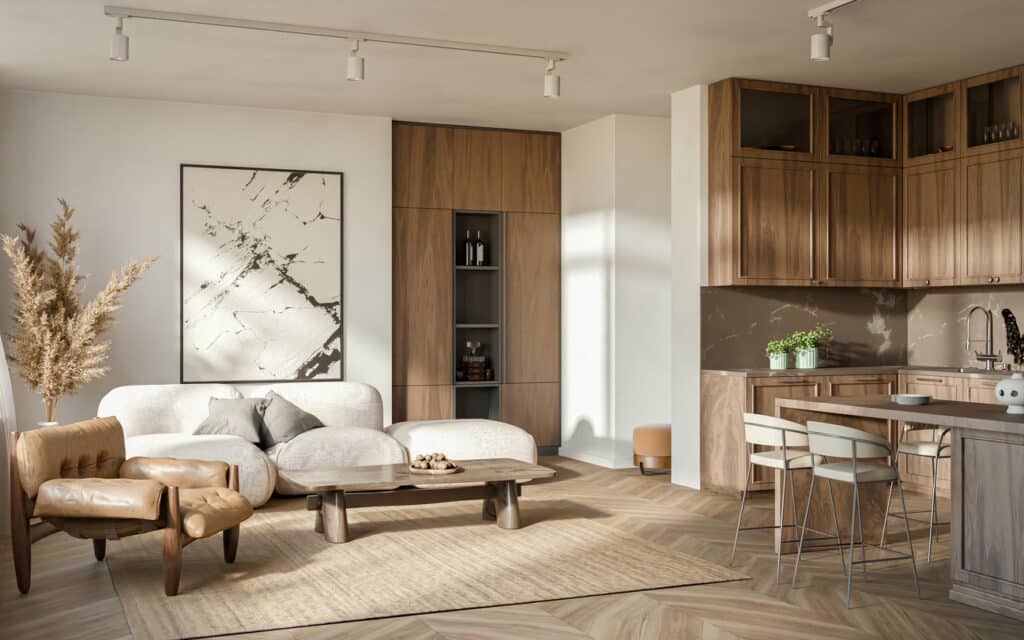 Wabi sabi kitchen open to living space with warm wood and herringbone flooring