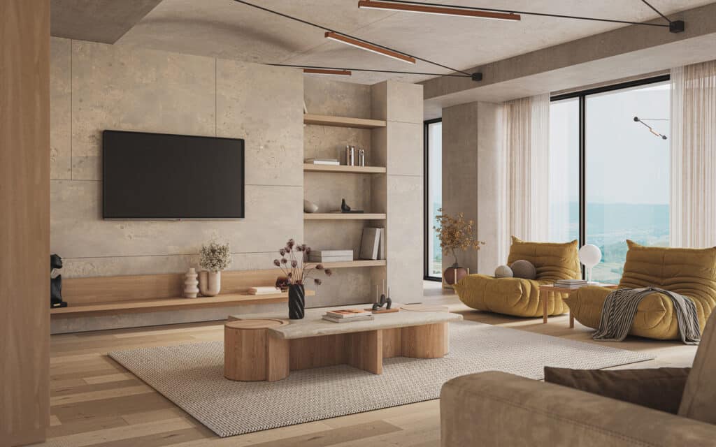 Wabi sabi interior design living room with stone wall panels and natural wood furniture